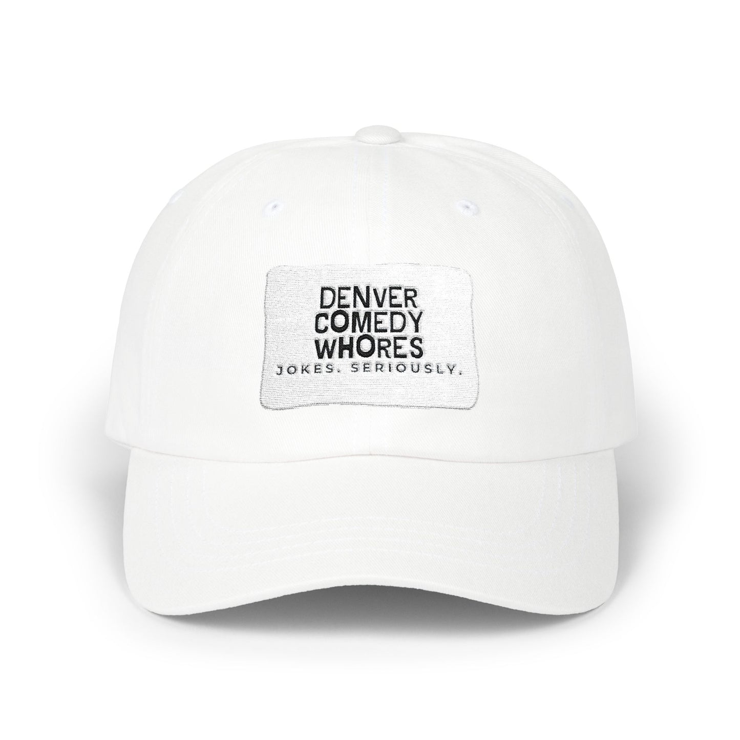 Denver Comedy Whores Patch Dad Cap — Vintage White Adjustable Baseball Hat