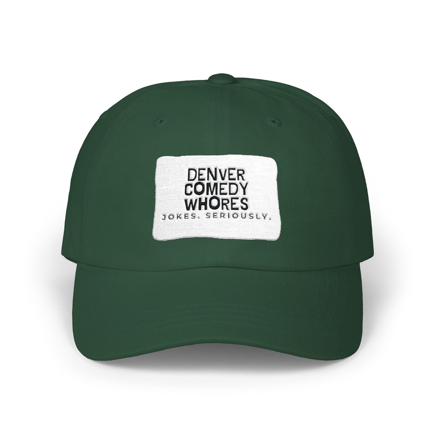 Denver Comedy Whores Patch Dad Cap — Vintage White Adjustable Baseball Hat