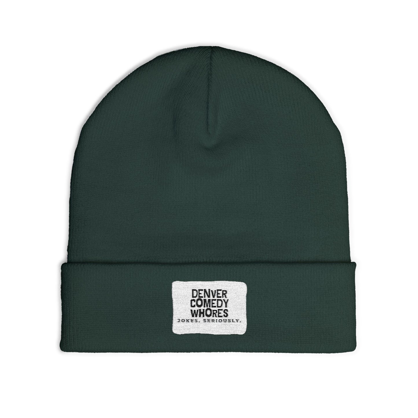 Embroidered Knit Beanie — "Denver Comedy Whores" Patch