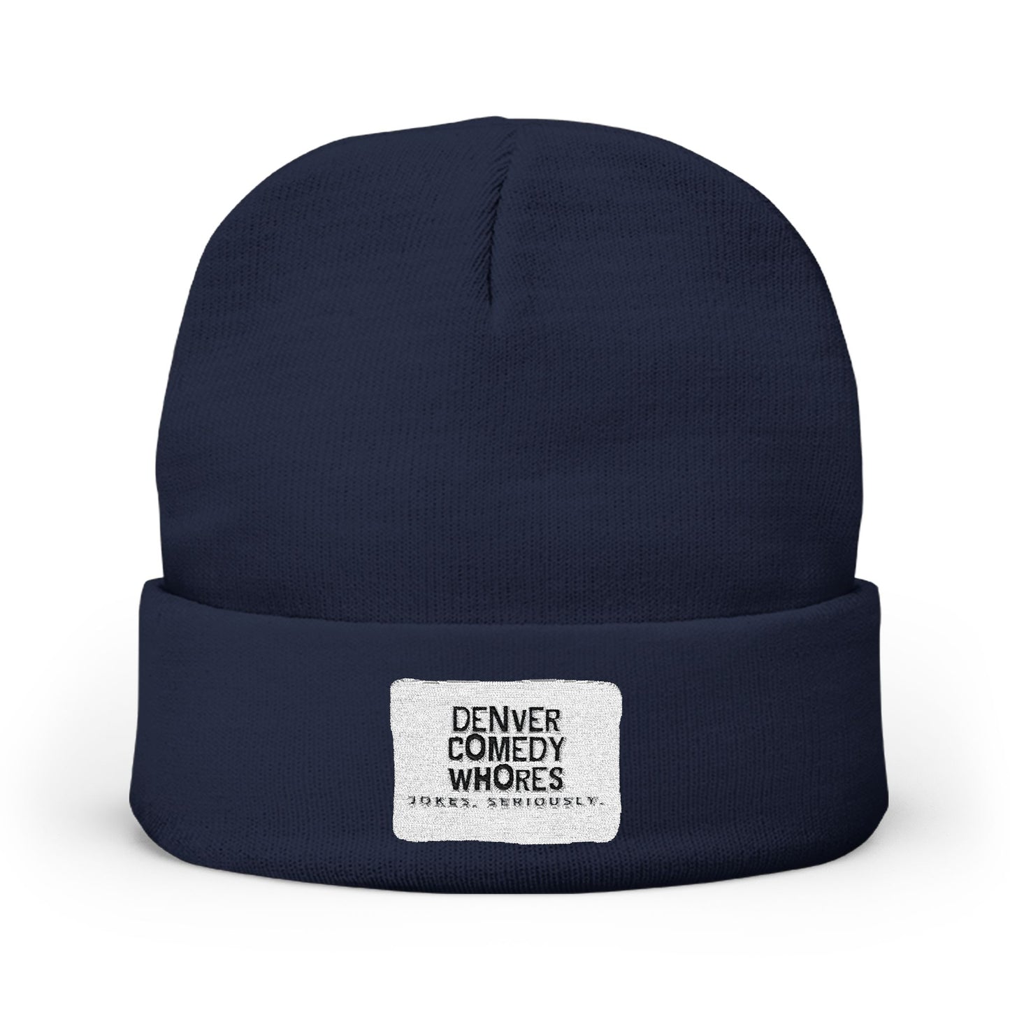 Embroidered Knit Beanie — "Denver Comedy Whores" Patch