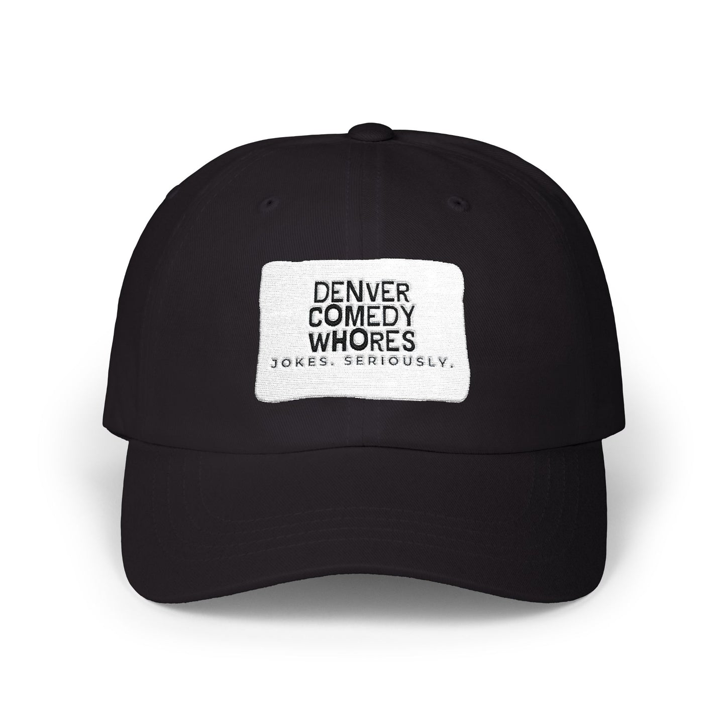 Denver Comedy Whores Patch Dad Cap — Vintage White Adjustable Baseball Hat
