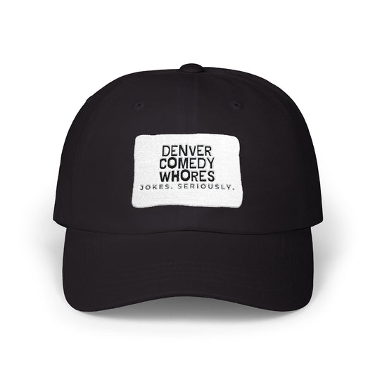 Denver Comedy Whores Patch Dad Cap — Vintage White Adjustable Baseball Hat