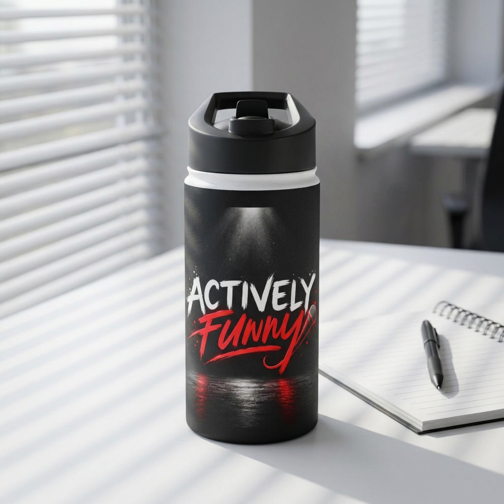 Actively Funny Stainless Steel Water Bottle — Insulated Black Bottle with 'Actively Funny' Graphic