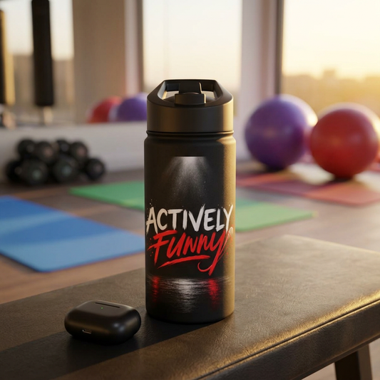 Actively Funny Stainless Steel Water Bottle — Insulated Black Bottle with 'Actively Funny' Graphic