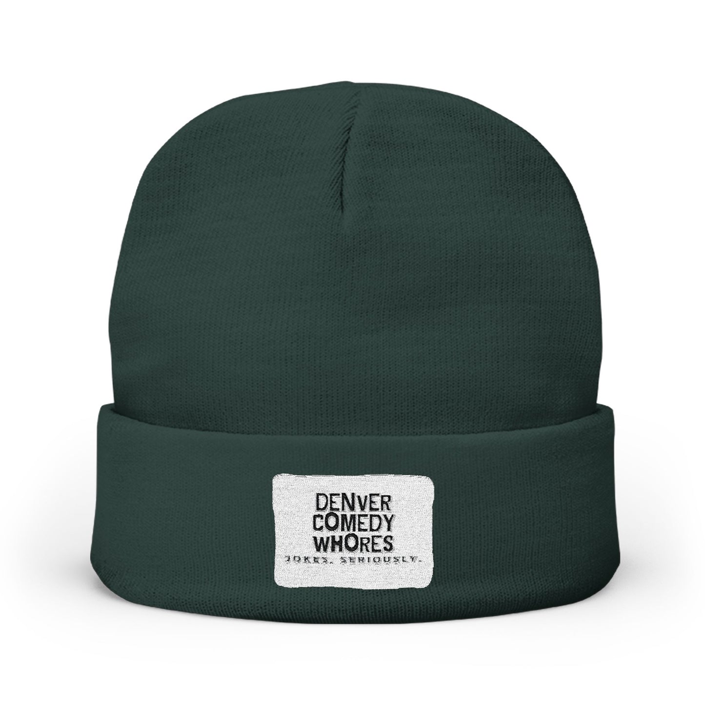 Embroidered Knit Beanie — "Denver Comedy Whores" Patch