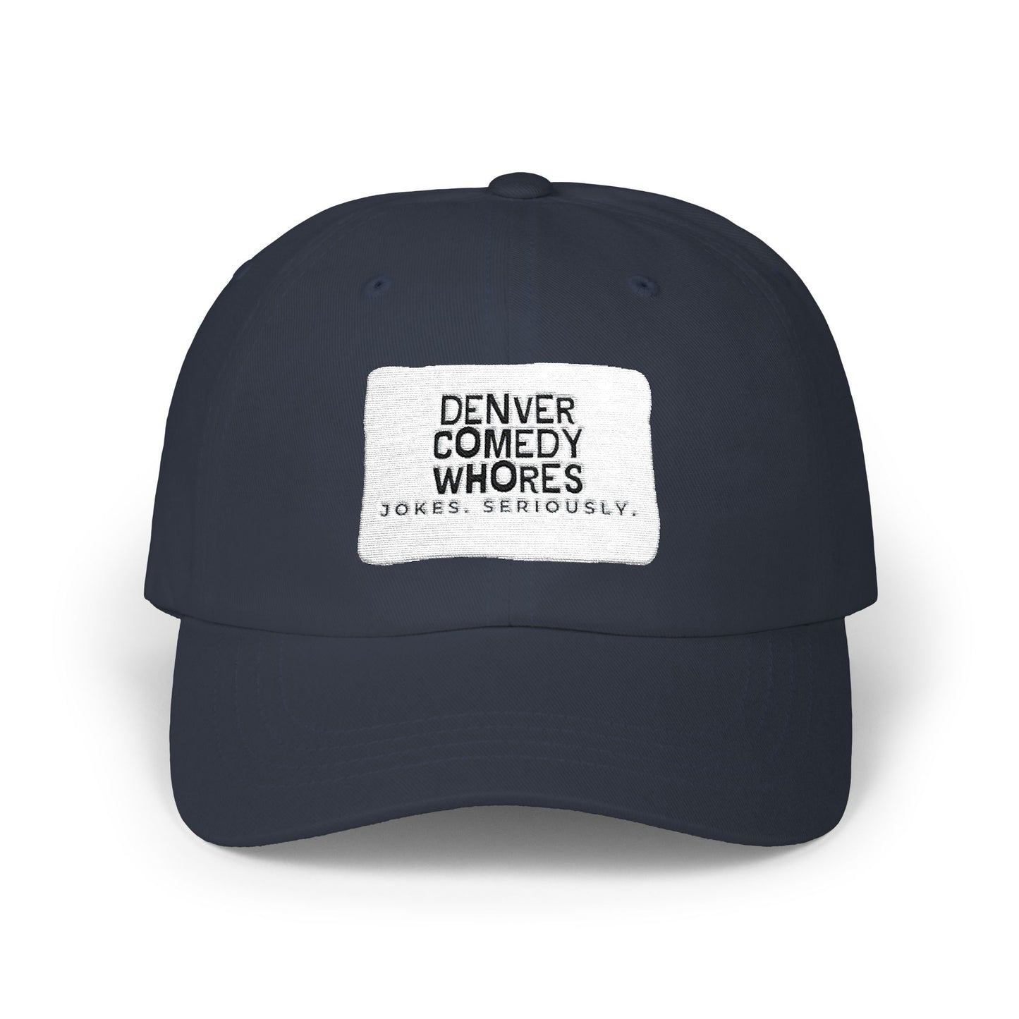 Denver Comedy Whores Patch Dad Cap — Vintage White Adjustable Baseball Hat