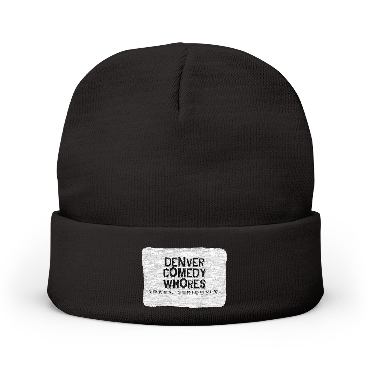 Embroidered Knit Beanie — "Denver Comedy Whores" Patch