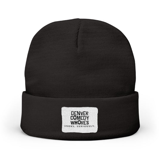 Embroidered Knit Beanie — "Denver Comedy Whores" Patch