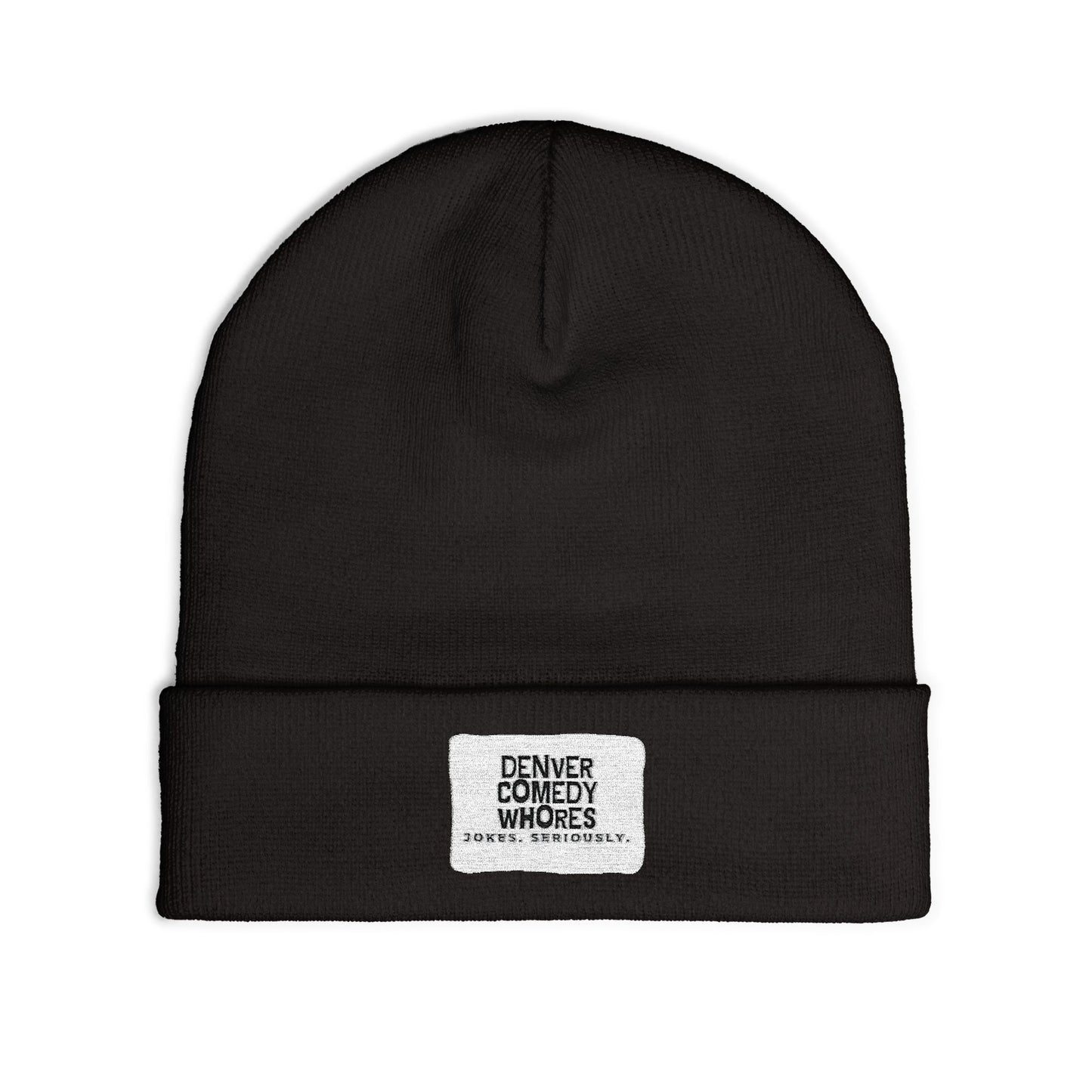 Embroidered Knit Beanie — "Denver Comedy Whores" Patch