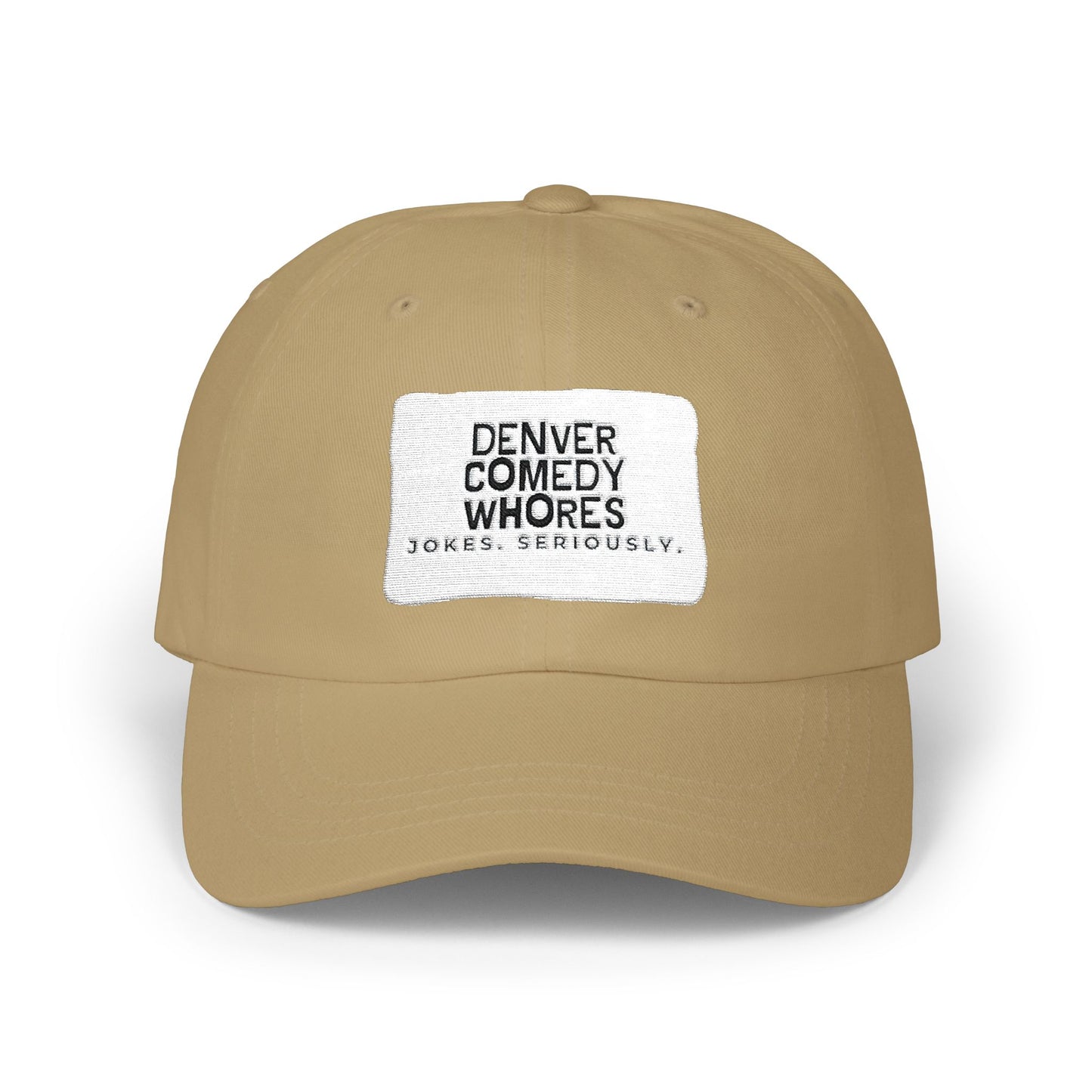 Denver Comedy Whores Patch Dad Cap — Vintage White Adjustable Baseball Hat